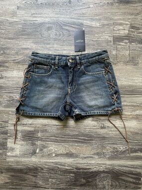 NWT - Saint Laurent Paris Leather Lace-Up Denim Short